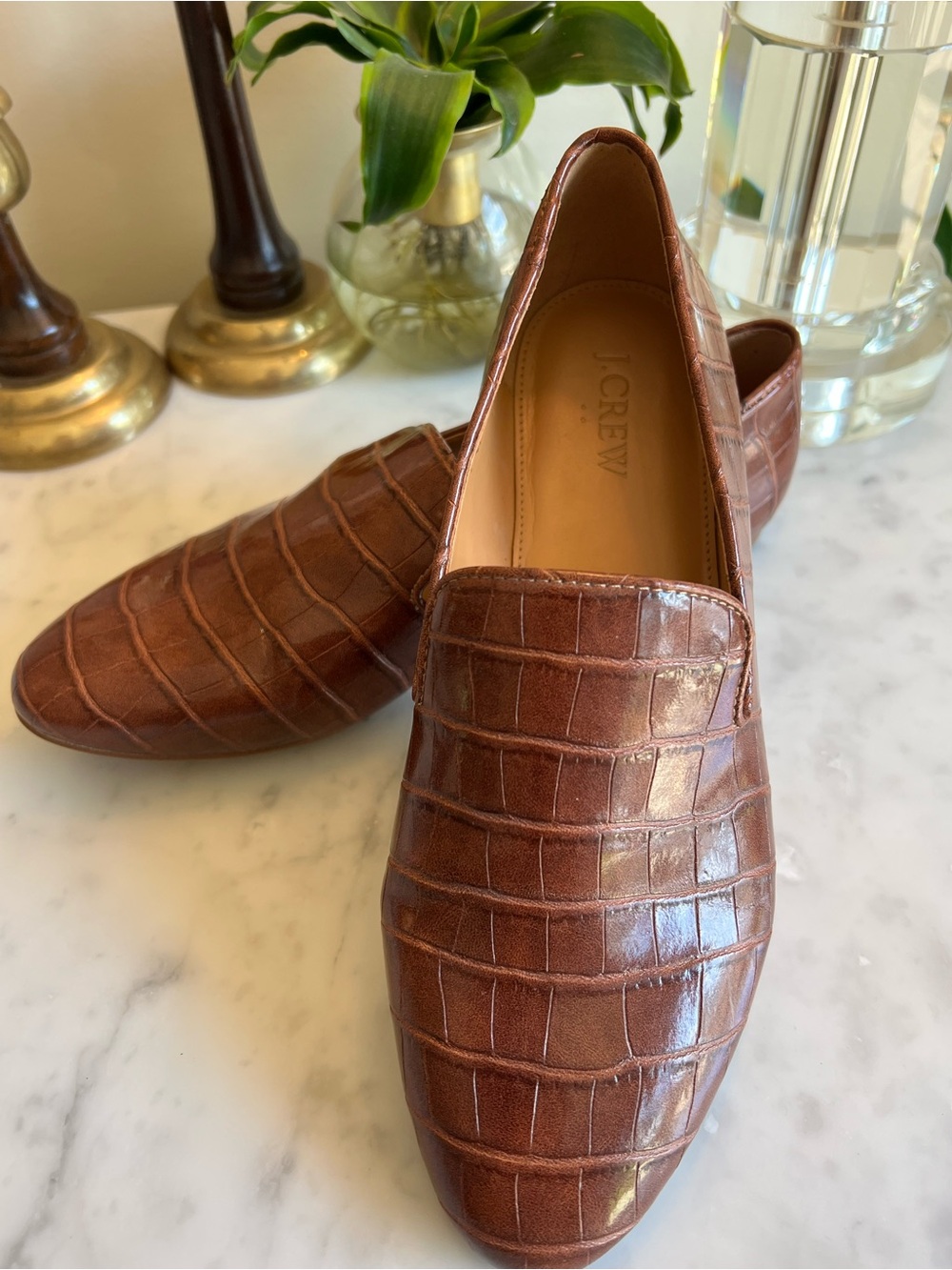 J. Crew Brown Croc-Embossed Leather Slip-On Loafers
